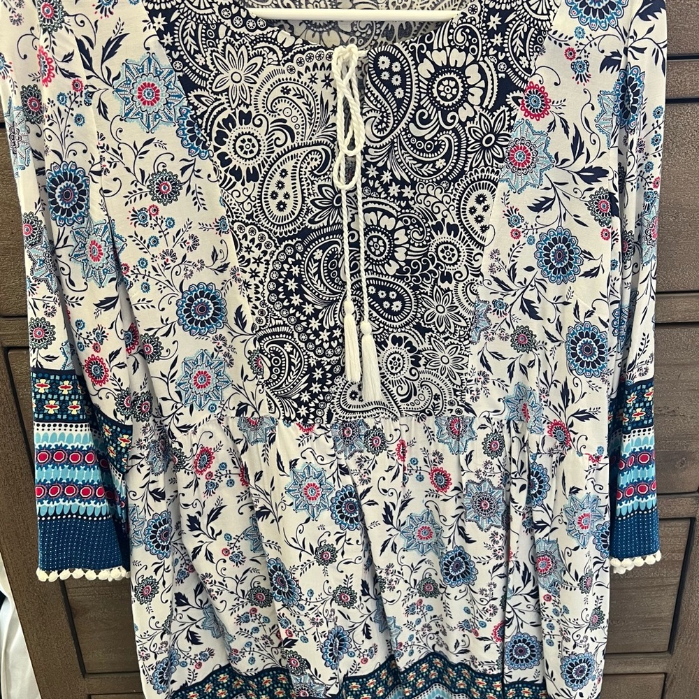 Boho Chic Blue and White Relaxed Tie Front Blouse